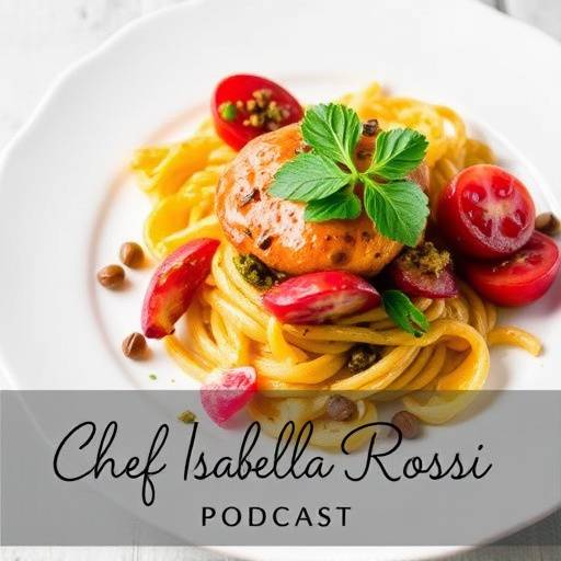 Podcast cover for 'Culinary Chronicles', featuring an artfully arranged plate of food and Chef Isabella Rossi's name in elegant script.