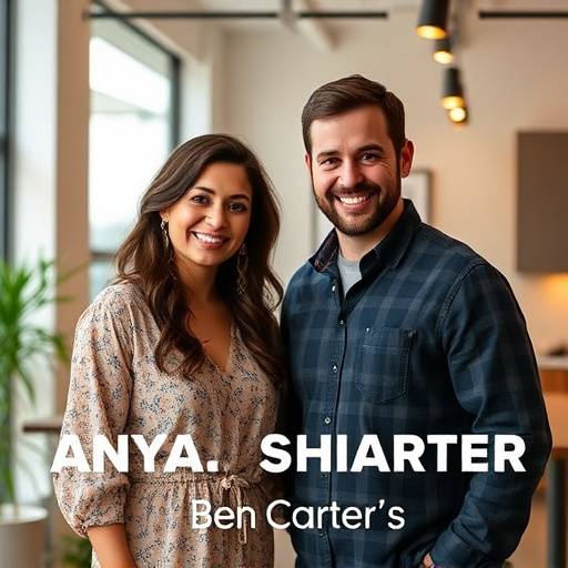 Podcast cover for 'Hollywood Unscripted', featuring the hosts Anya Sharma and Ben Carter in a modern studio setting.