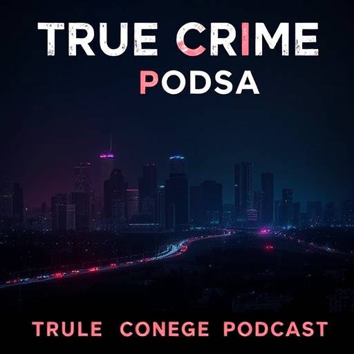 Podcast cover for 'LA True Crime', depicting a darkened Los Angeles skyline with faint police sirens in the background, evoking suspense and intrigue.