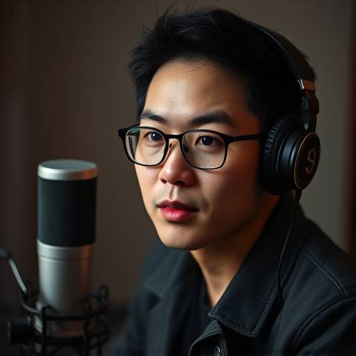 Portrait of Kai Zhu, the head of sound design, looking focused and creative.